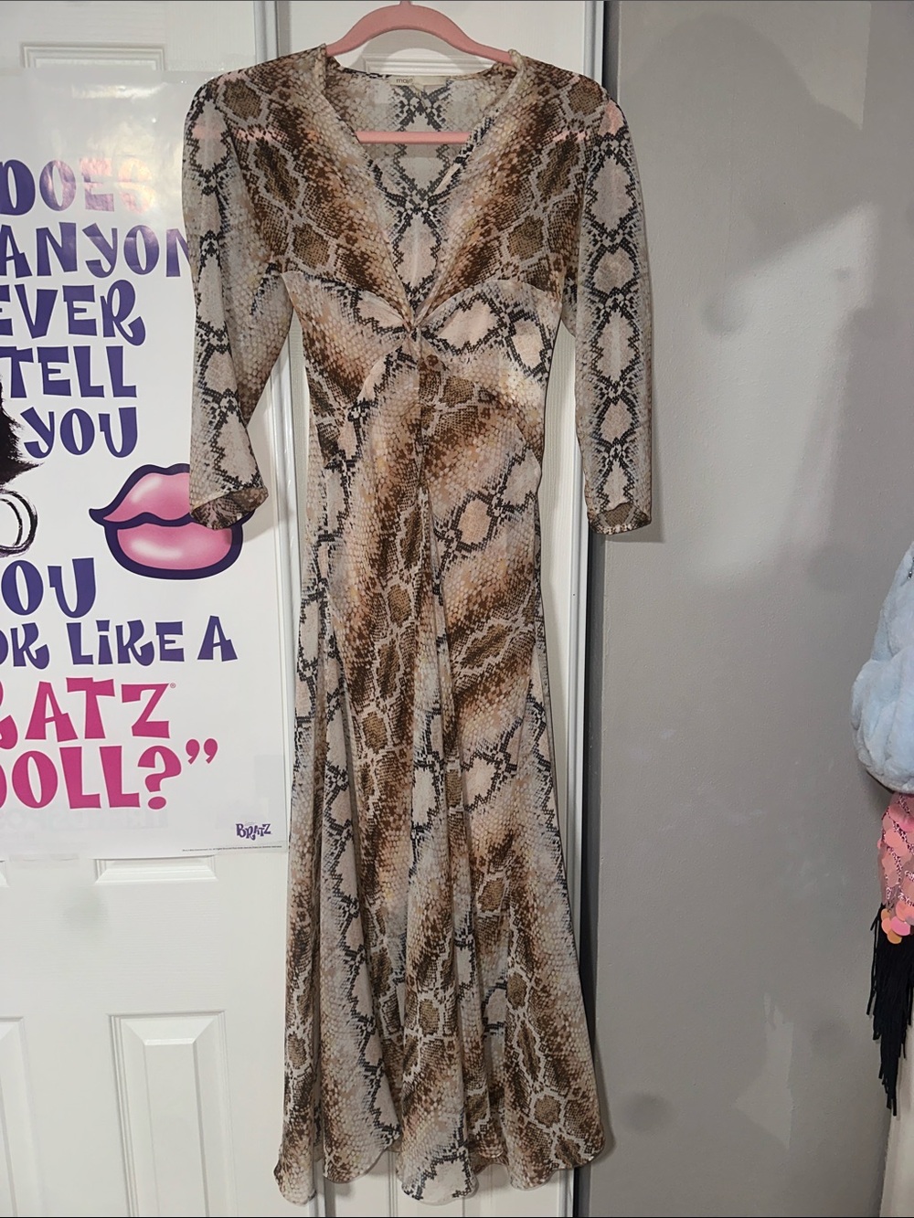 Maje Snake-Print V-Neck Maxi Dress in Brown and Cream